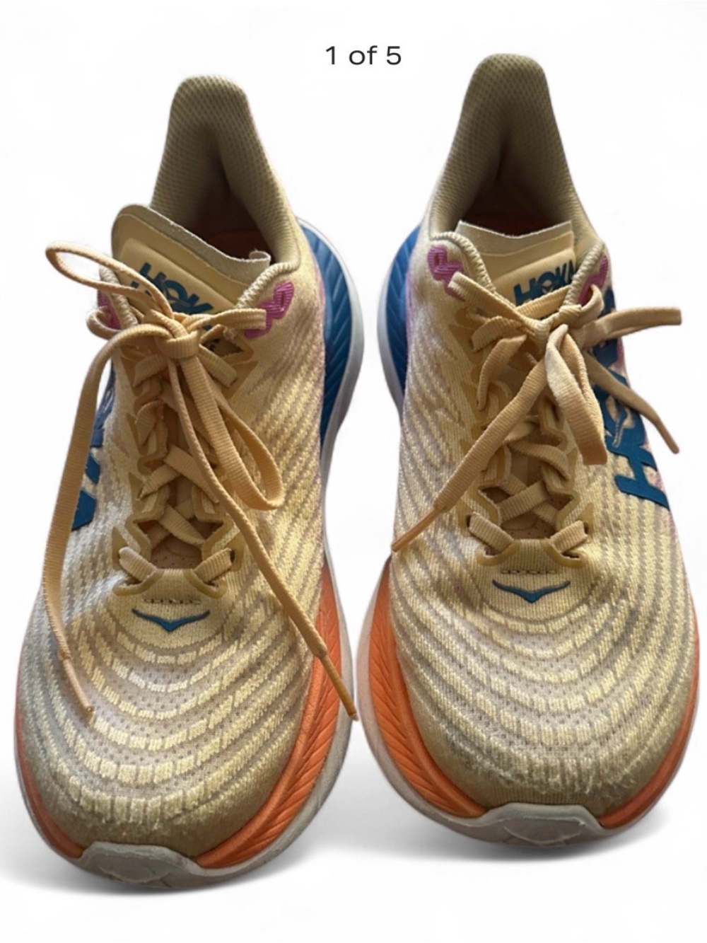 Hoka One  Women's Pale Yellow Sneakers with Blue & Orange Accents Sz 7 Women’s